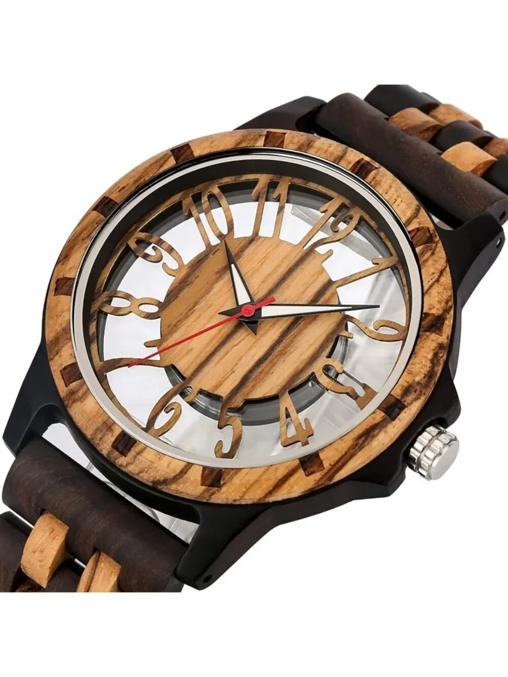 Mens Dark Brown Quartz Ebony Zebra Fold over Clasp Wood Strap Round Wooden Watch